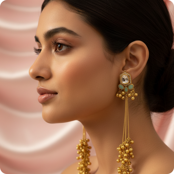 Regal Gold Kundan Long Drop Earrings β Traditional Bridal Statement Jewellery