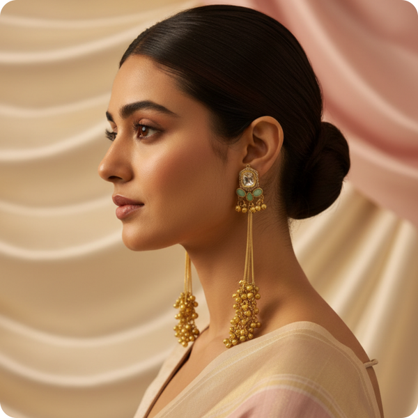 Regal Gold Kundan Long Drop Earrings β Traditional Bridal Statement Jewellery