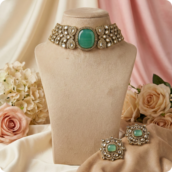Choker Necklace Set with Mint Green Stone