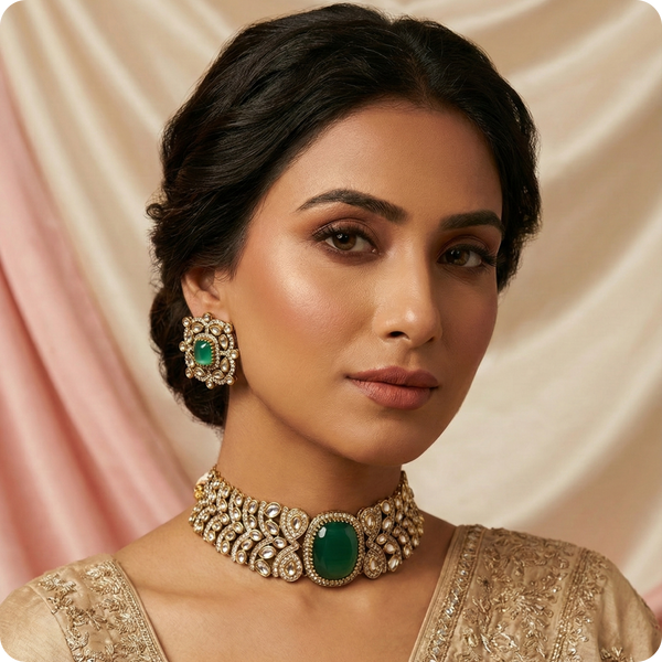 Choker Necklace Set with Mint Green Stone