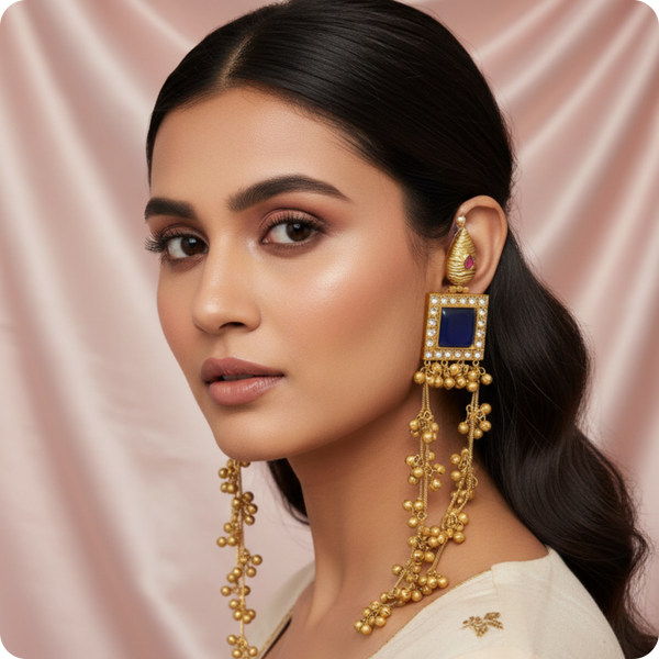 Royal Blue Kundan Long Dangler Earrings