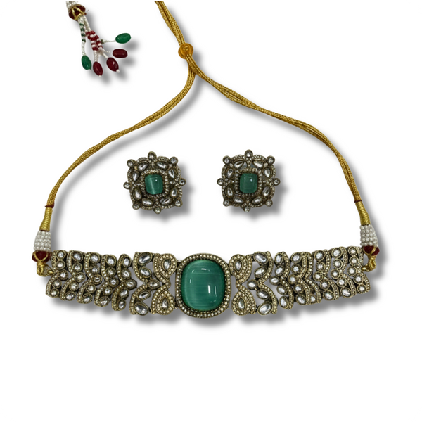 Choker Necklace Set with Mint Green Stone