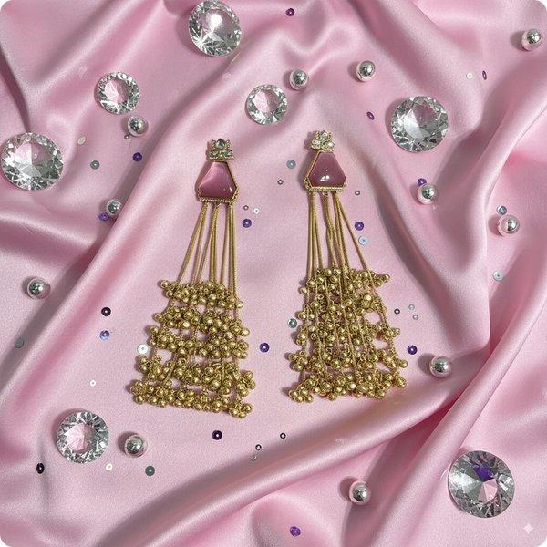 πΈ Long Pink Stone Kashmiri Jhumka Earrings with Golden Tassels β Traditional Statement Jewelry