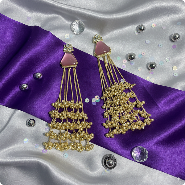 πΈ Long Pink Stone Kashmiri Jhumka Earrings with Golden Tassels β Traditional Statement Jewelry