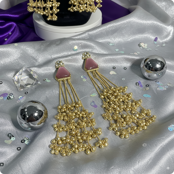 πΈ Long Pink Stone Kashmiri Jhumka Earrings with Golden Tassels β Traditional Statement Jewelry