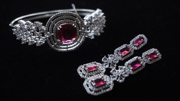 Combo | Silver-Plated Red Stone Bracelet & Earring Combo Set | Elegant Party Wear Jewellery for Women