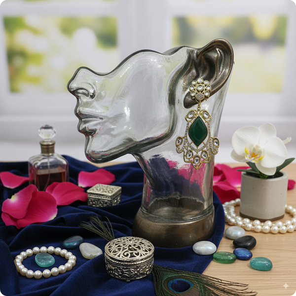 π Green Kundan Statement Earrings with White Stones β Designer Festive Jewelry