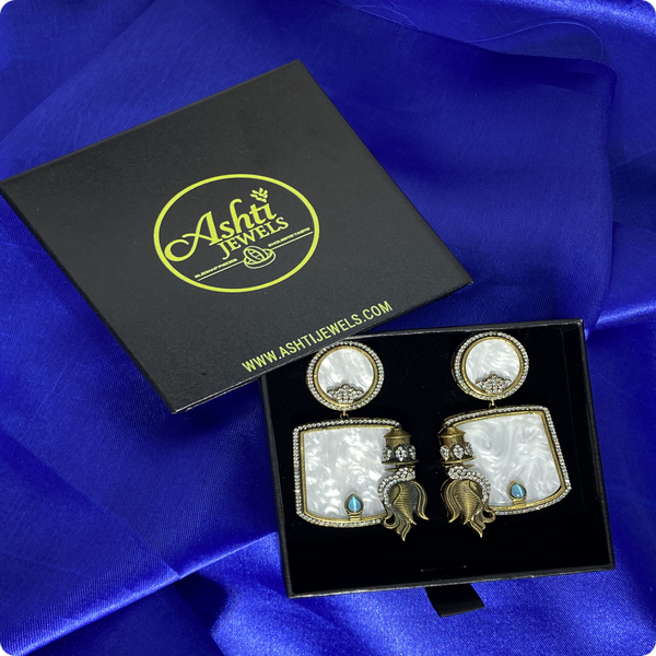 ✨ Brass Designer Earrings with White Stone & Antique Detailing – Statement Ethnic Jewelry