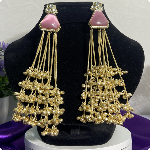πΈ Long Pink Stone Kashmiri Jhumka Earrings with Golden Tassels β Traditional Statement Jewelry