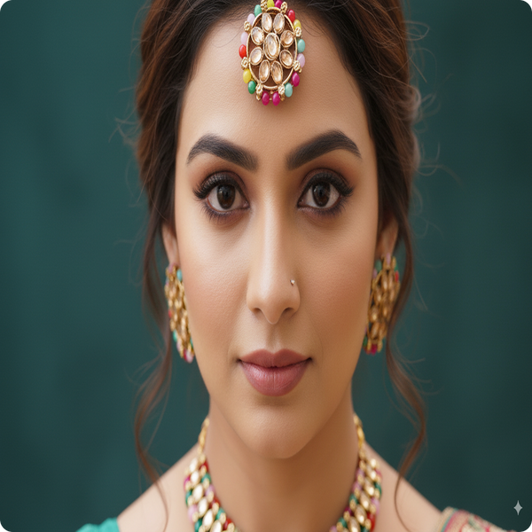 Premium Multicolor Kundan Necklace, Earrings & Tikka Set | Ethnic Bridal Jewellery by Ashti Jewels