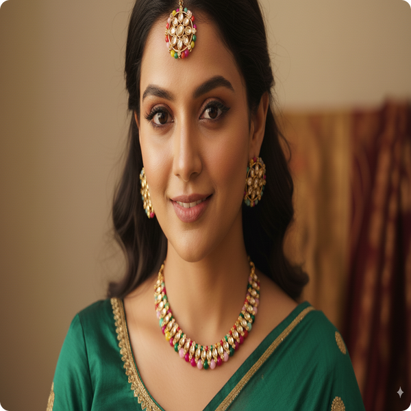Premium Multicolor Kundan Necklace, Earrings & Tikka Set | Ethnic Bridal Jewellery by Ashti Jewels