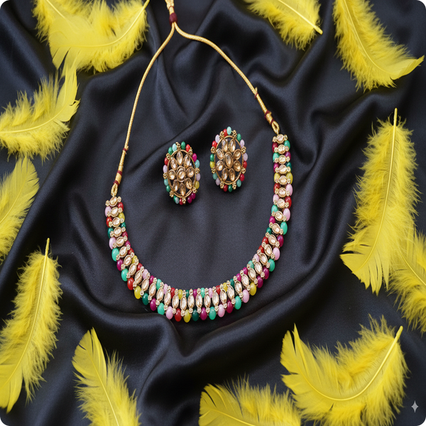 Premium Multicolor Kundan Necklace, Earrings & Tikka Set | Ethnic Bridal Jewellery by Ashti Jewels