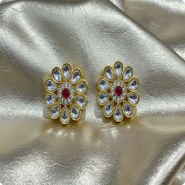 Royal Red Bloom Kundan Stud Earrings – Floral Grandeur