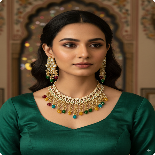 Real & Premium Stones Kundan Meenakari Multi Beads Set | Traditional Bridal Jewelry