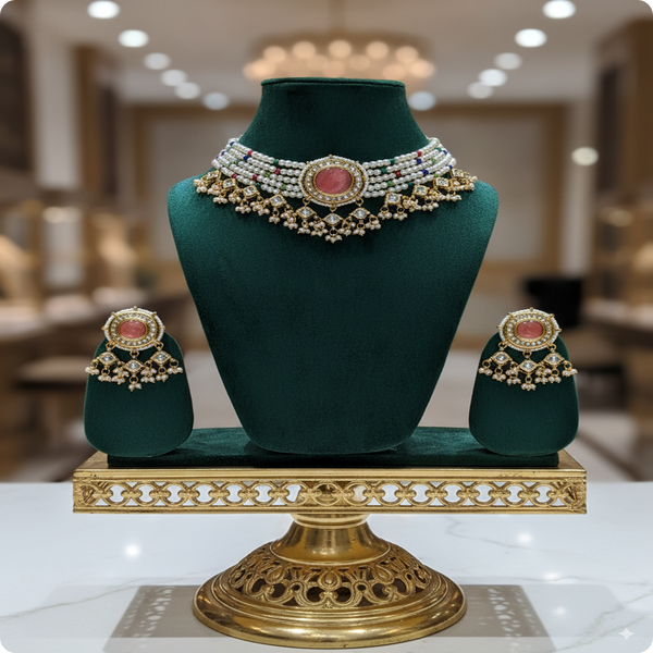 Premium Real Stones Kundan Meenakari Multi-Beads Choker Set | Bridal Jewelry