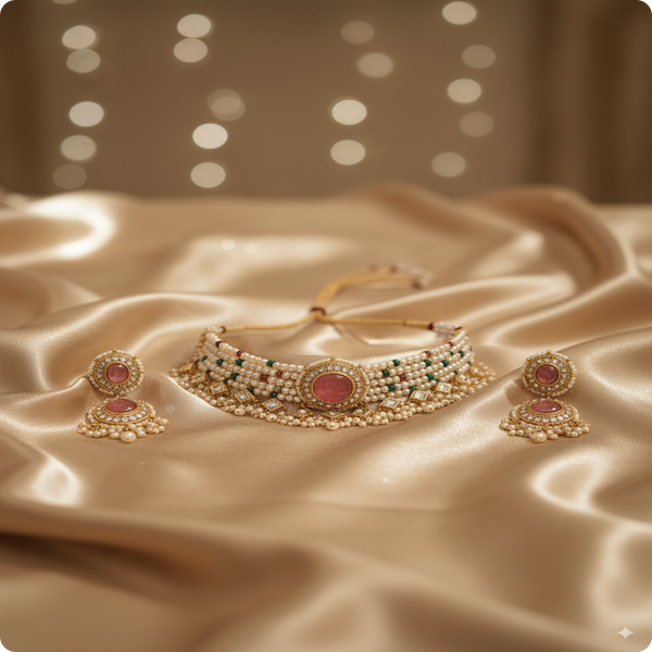Premium Real Stones Kundan Meenakari Multi-Beads Choker Set | Bridal Jewelry