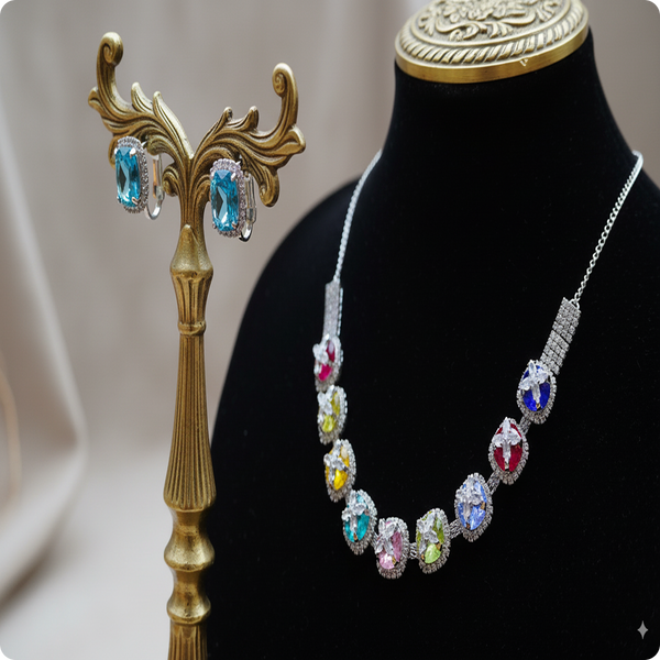 Multicolor CZ Stone Necklace Set – Silver Finish American Diamond Jewelry with Earrings