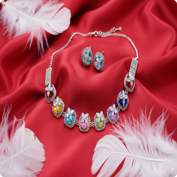Multicolor CZ Stone Necklace Set – Silver Finish American Diamond Jewelry with Earrings