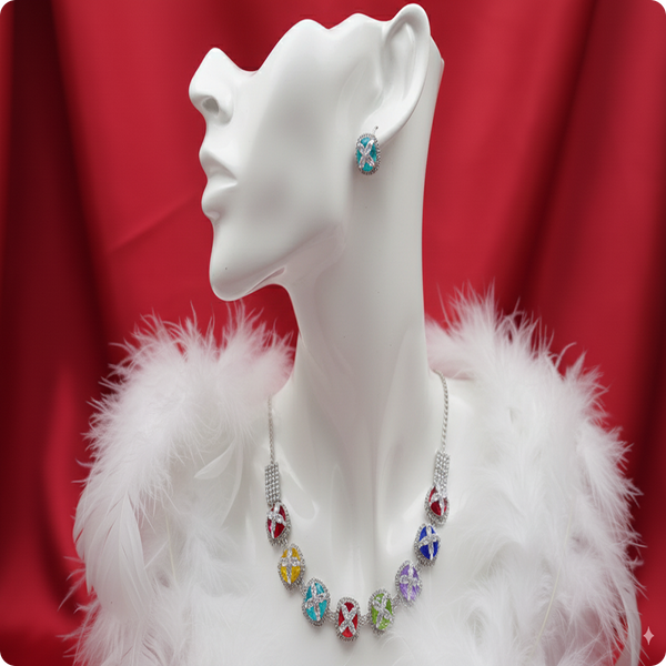 Multicolor CZ Stone Necklace Set – Silver Finish American Diamond Jewelry with Earrings
