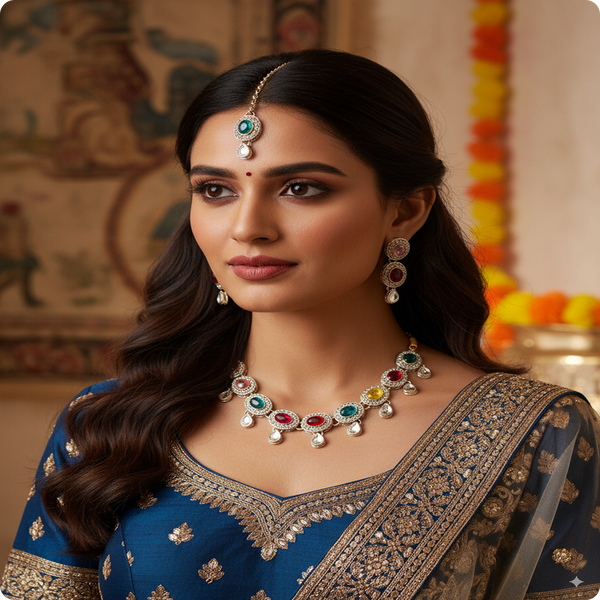 Multicolor Oval Stone Necklace Set – Kundan Style with Drop Beads