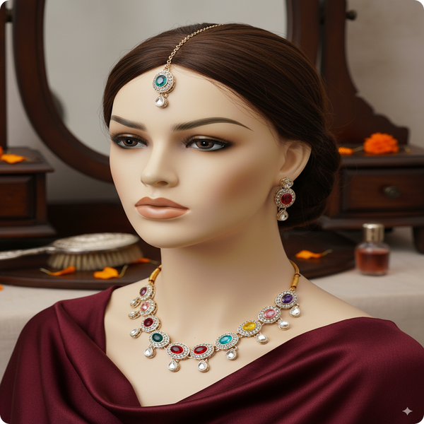 Multicolor Oval Stone Necklace Set – Kundan Style with Drop Beads