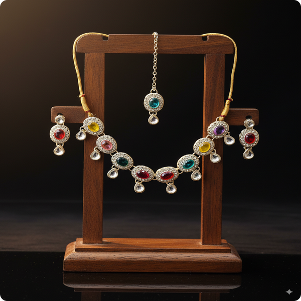 Multicolor Oval Stone Necklace Set – Kundan Style with Drop Beads