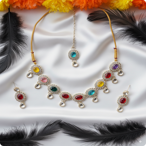 Multicolor Oval Stone Necklace Set – Kundan Style with Drop Beads