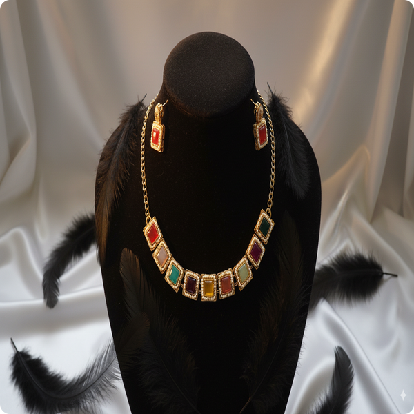 Multicolor Square Stone Necklace Set – Handmade Boho Style with Pearl Border