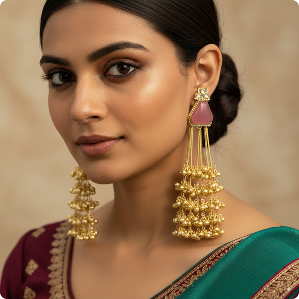 πΈ Long Pink Stone Kashmiri Jhumka Earrings with Golden Tassels β Traditional Statement Jewelry