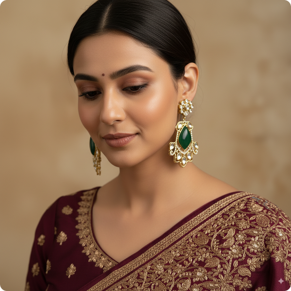 π Green Kundan Statement Earrings with White Stones β Designer Festive Jewelry