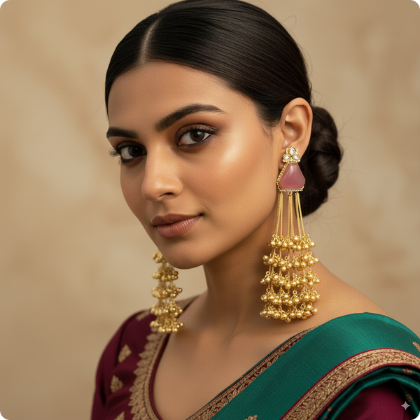 πΈ Long Pink Stone Kashmiri Jhumka Earrings with Golden Tassels β Traditional Statement Jewelry