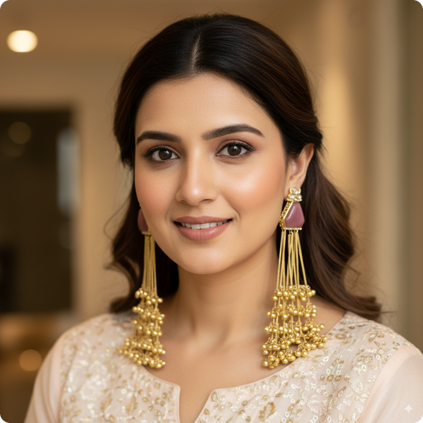 πΈ Long Pink Stone Kashmiri Jhumka Earrings with Golden Tassels β Traditional Statement Jewelry
