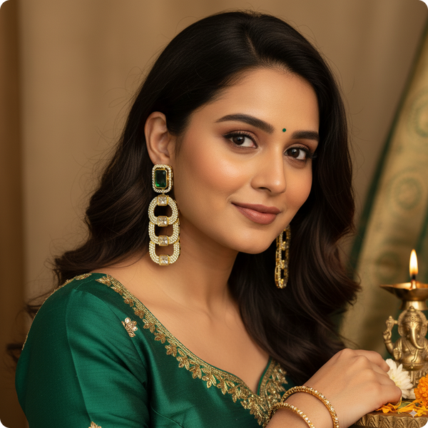 π Light Green Stone Chain-Link Dangler Earrings β Luxury Ethnic & Modern Jewelry