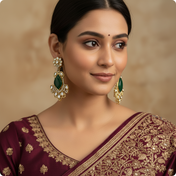 π Green Kundan Statement Earrings with White Stones β Designer Festive Jewelry