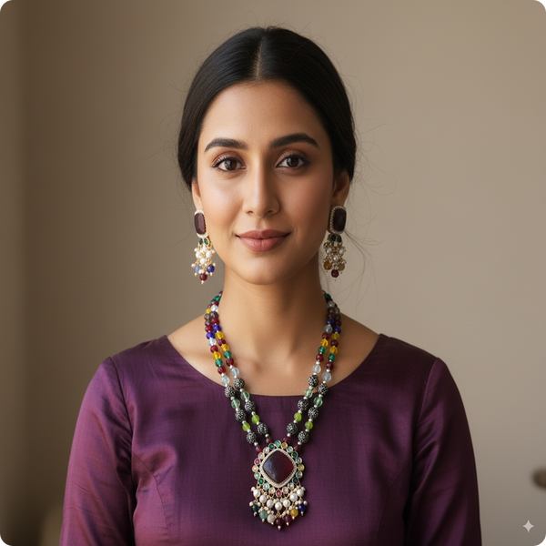 Moissanite Premium Necklace Set with Multicolor Beads & Pearl Drops – Bridal Designer Jewelry