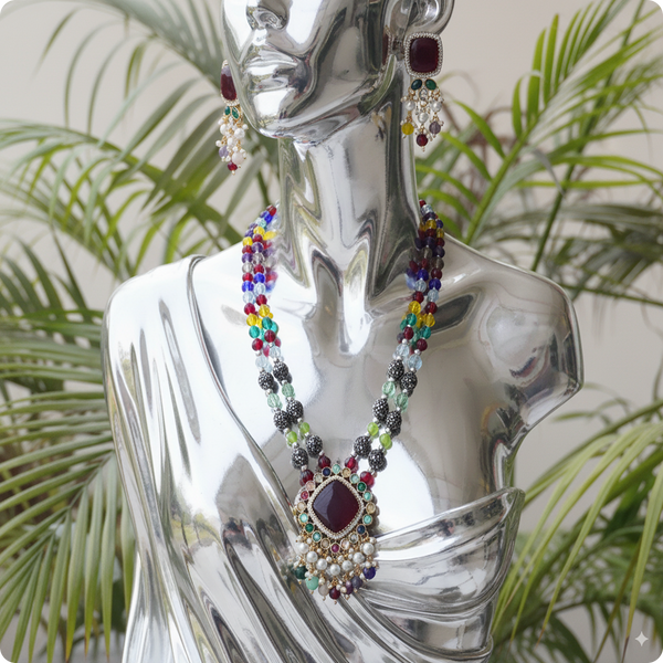 Moissanite Premium Necklace Set with Multicolor Beads & Pearl Drops – Bridal Designer Jewelry