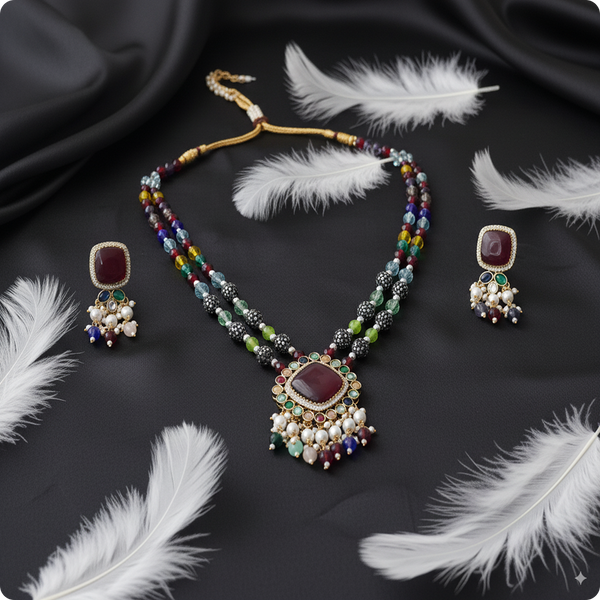 Moissanite Premium Necklace Set with Multicolor Beads & Pearl Drops – Bridal Designer Jewelry