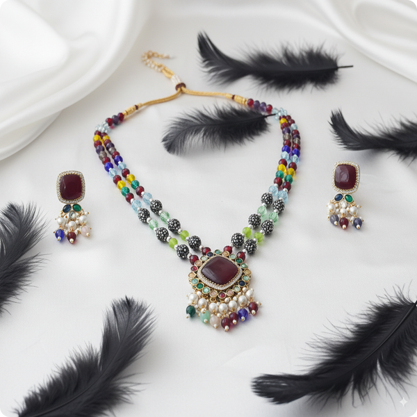 Moissanite Premium Necklace Set with Multicolor Beads & Pearl Drops – Bridal Designer Jewelry