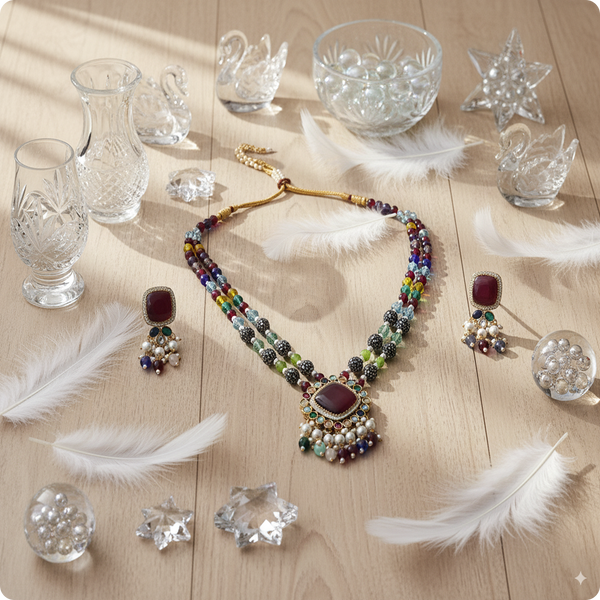 Moissanite Premium Necklace Set with Multicolor Beads & Pearl Drops – Bridal Designer Jewelry