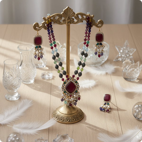 Moissanite Premium Necklace Set with Multicolor Beads & Pearl Drops – Bridal Designer Jewelry