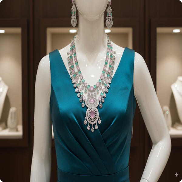 ✨ Green & Lavender Stone Bridal Necklace Set
