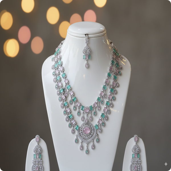 ✨ Green & Lavender Stone Bridal Necklace Set