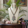 Silver-Tone Kundan Pendant Necklace Set with Green & Pink Beads | Bridal Statement Jewelry by Ashti Jewels