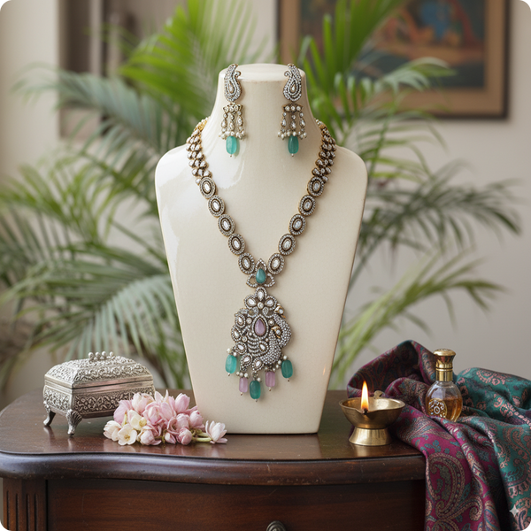 Silver-Tone Kundan Pendant Necklace Set with Green & Pink Beads | Bridal Statement Jewelry by Ashti Jewels