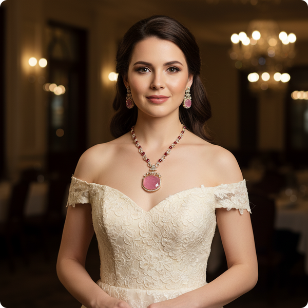 πΈ Pink Moissanite Stone Necklace Set with Earrings β Premium Designer Jewelry