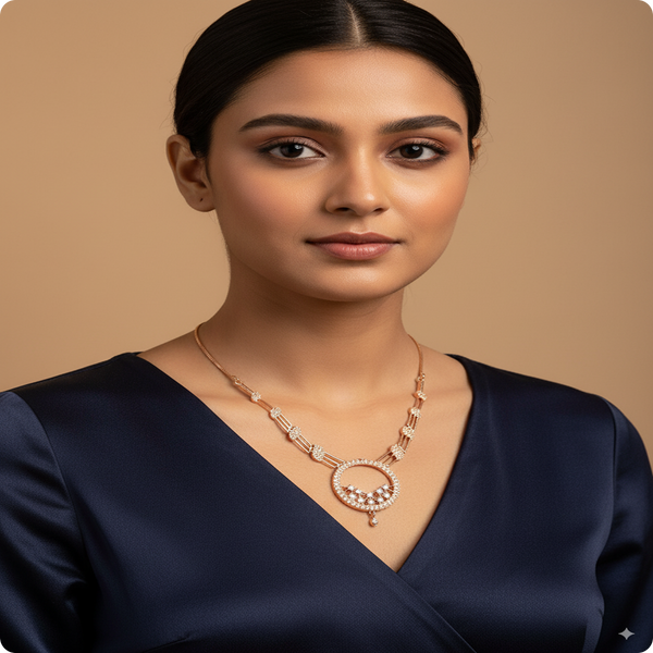 Rose Gold American Diamond Necklace Set – Elegant Circular Design with Earrings