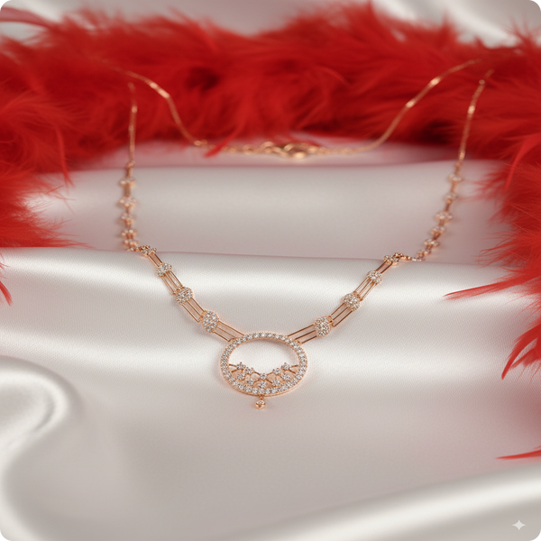 Rose Gold American Diamond Necklace Set – Elegant Circular Design with Earrings