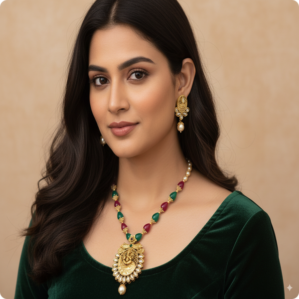 Traditional Ganesha Temple Necklace Set with Kundan Work and Pearl Drops β Red & Green Beads β Ashthi Jewels