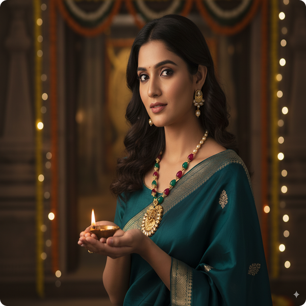Traditional Ganesha Temple Necklace Set with Kundan Work and Pearl Drops β Red & Green Beads β Ashthi Jewels