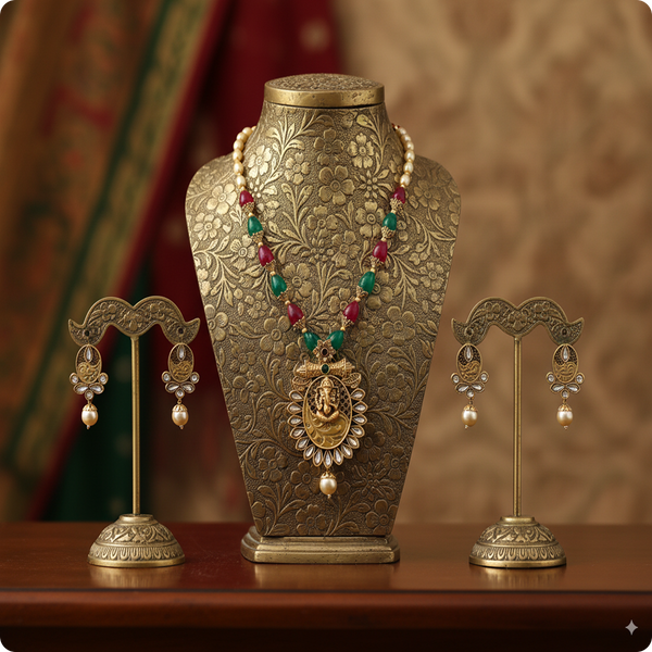 Traditional Ganesha Temple Necklace Set with Kundan Work and Pearl Drops β Red & Green Beads β Ashthi Jewels